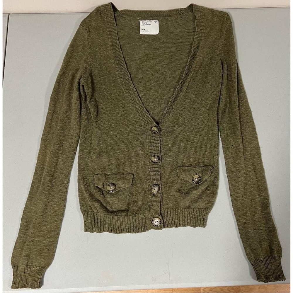 American Eagle Olive Green Knit Long Sleeve Sweater Cardigan Top Blouse Size M ✨